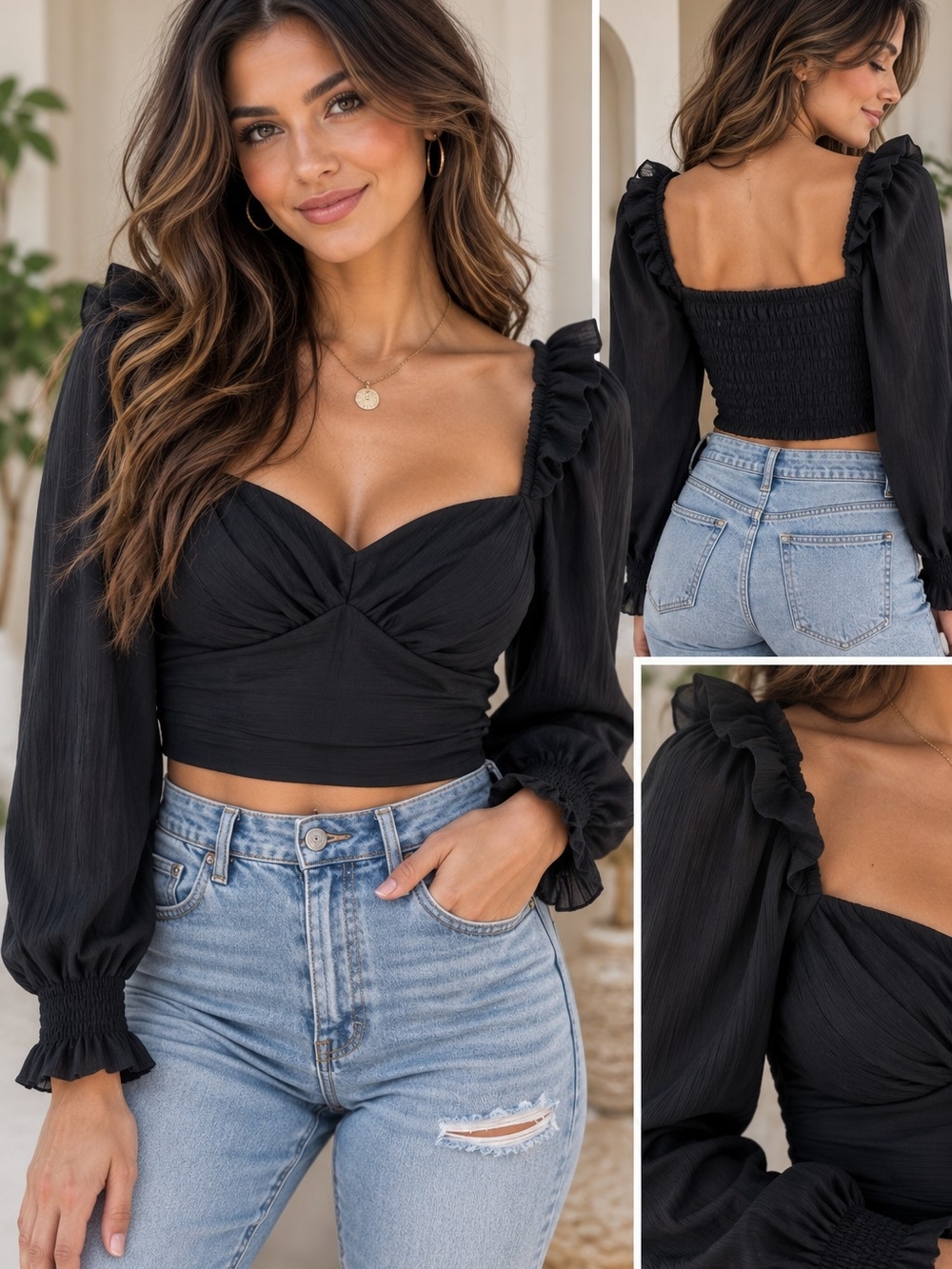 privy Black Ruffle Long-Sleeve Crop Top
